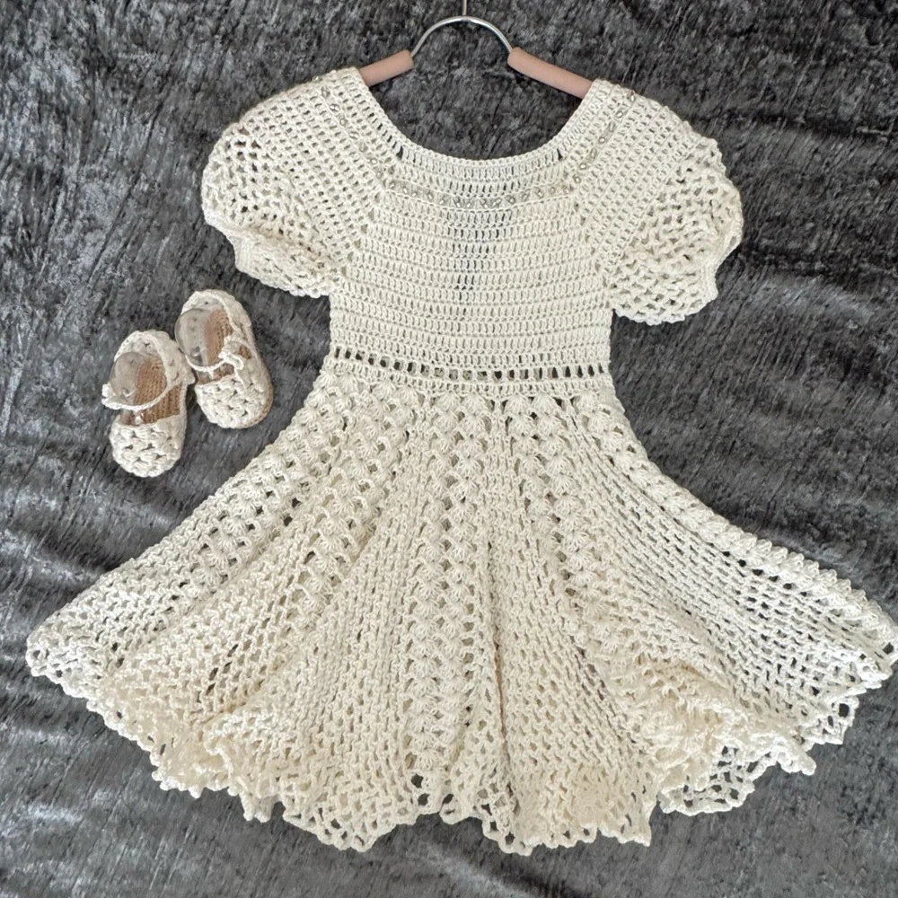 Cream Crochet Baby Dress with Shoes